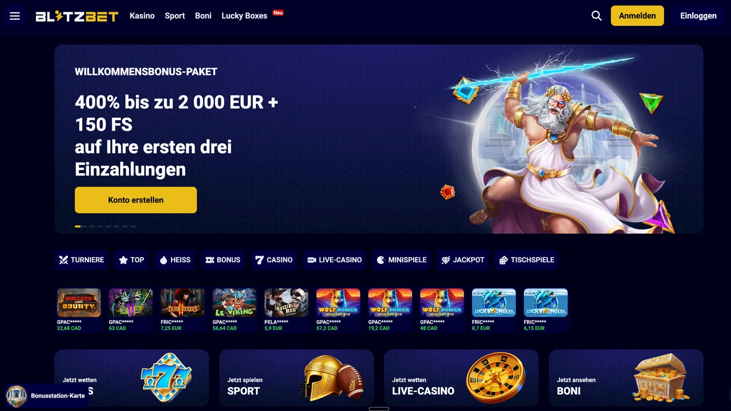 Blitz-bet Spiellobby – Spielauswahl und Benutzeroberfläche