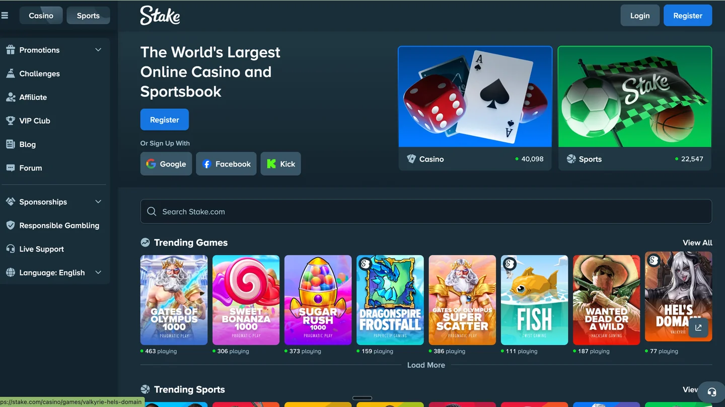 Stake Spiellobby – Spielauswahl und Benutzeroberfläche